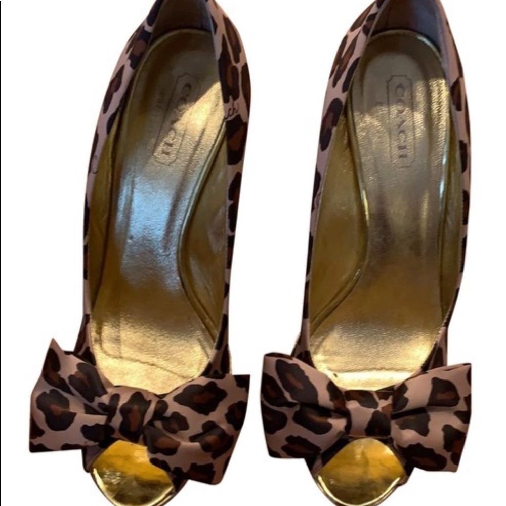 Coach Leopard Satin Bow Heels $300